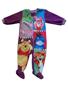 3/$20 Disney Purple Multi-Color Winnie the Pooh Patchwork Footed One-Piece